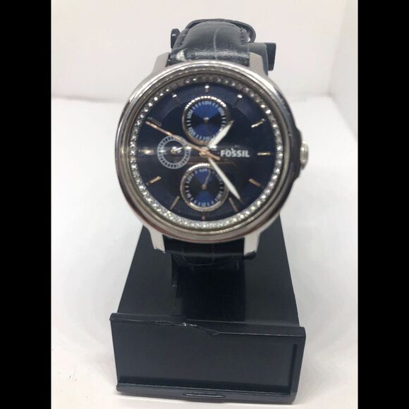 Fossil ES3682 Women's Black Leather Analog Blue Dial Quartz Genuine Watch RK354 - Picture 1 of 11